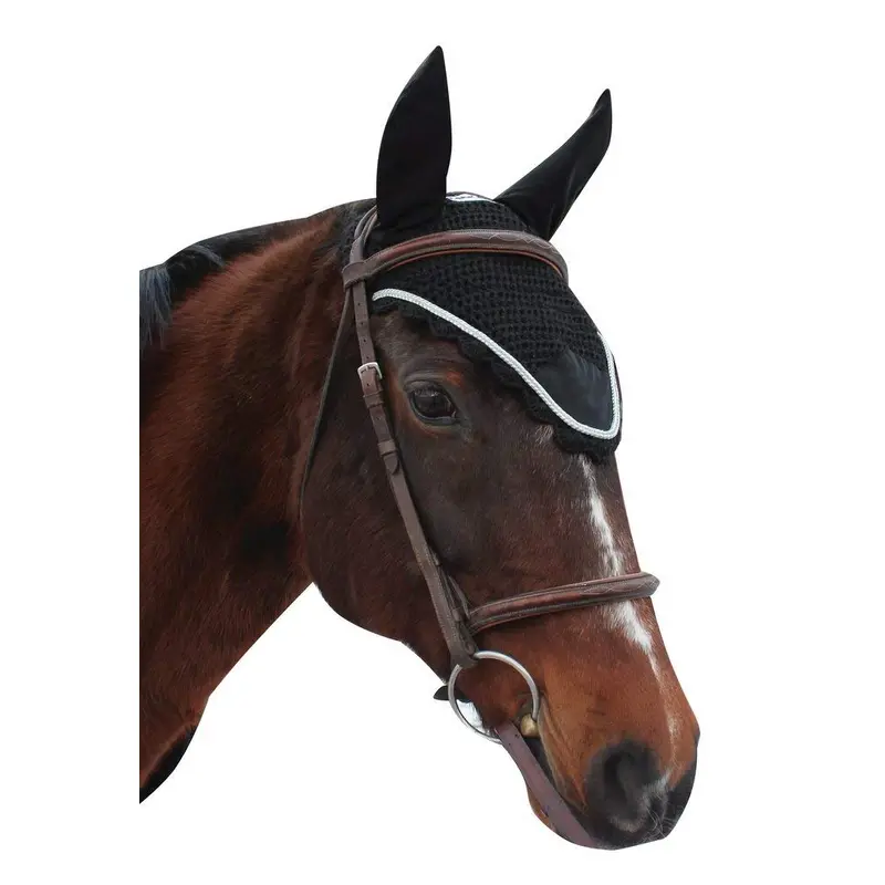 Equine Couture Fly Bonnet with Silver Rope - Pony Color - Black, Size - Cob