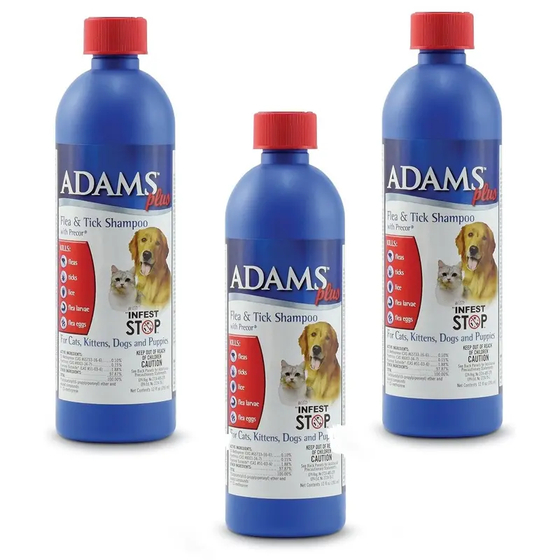 (3 Pack) Adams Plus Flea and Tick Shampoo with Precor for Dogs and Cats - 12-Ounce Bottles