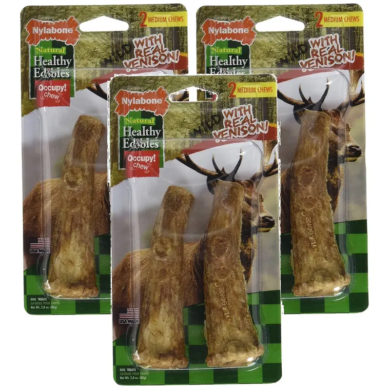 (3 Pack) Nylabone Healthy Edibles Edible Antler Real Venison Dog Treats, 2 Treats Each