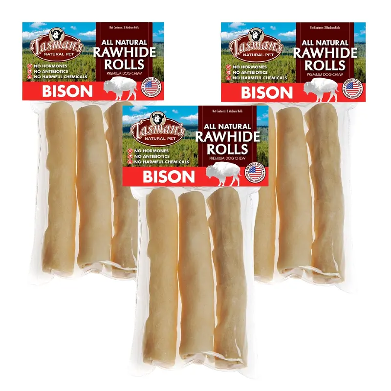 (3 Pack) Tasmans Natural Pet All-Natural Buffalo (Bison) Collagen-Based Rolls, 3 Medium Rolls Each