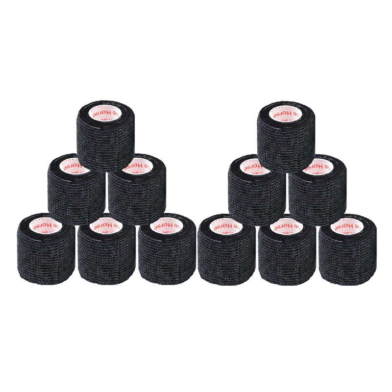 2 Inch Vet Wrap Tape Bulk (Black) (Pack of 12) Self Adhesive Adherent Adhering Flex Bandage Grip Roll for Dog Cat Pet Horse