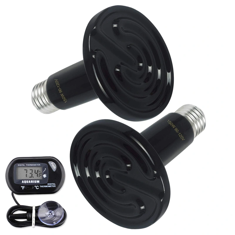 OMAYKEY 2-Pack 150W Ceramic Heat Lamp with 1-pcs Digital-Thermometer, Infrared Heat Emitter Bulbs for Reptiles, Amphibians, Chic