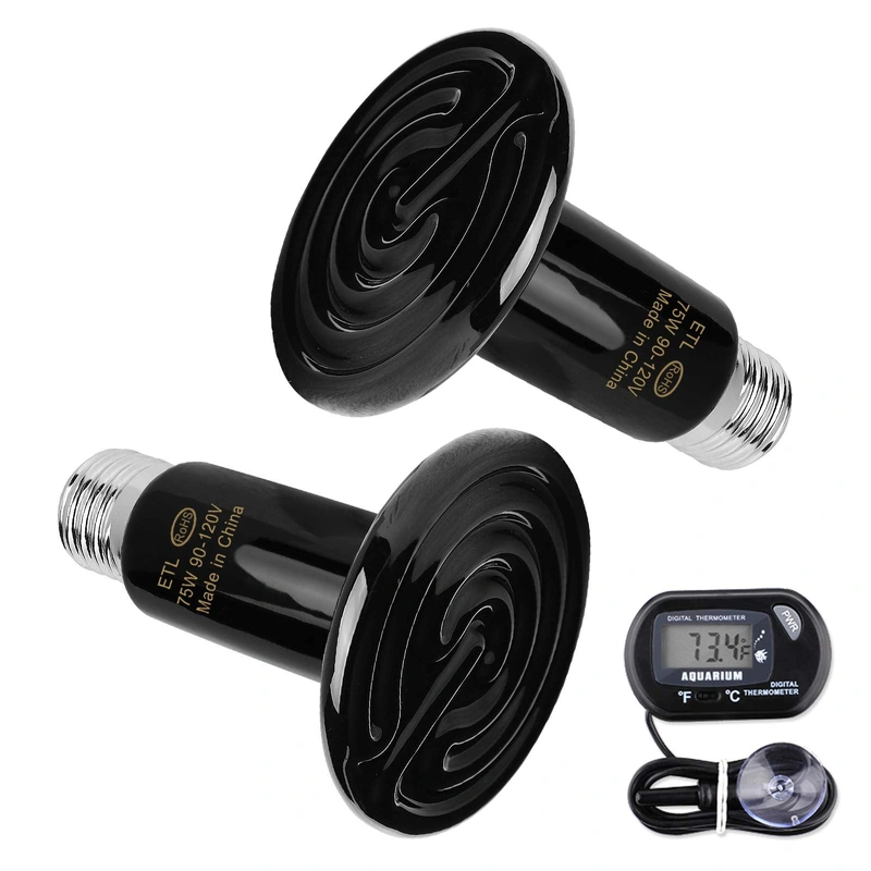 OMAYKEY 2-Pack 75W Ceramic Heat Lamp with 1-pcs Digital-Thermometer, Infrared Heat Emitter Bulbs for Reptiles, Amphibians, Chick