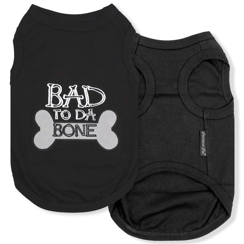 Parisian Pet Dog T-Shirt - Embroidered Bad to Da Bone Dog Clothes - 100% Cotton, Sleeveless Pet Vest - Machine Washable Shirt fo
