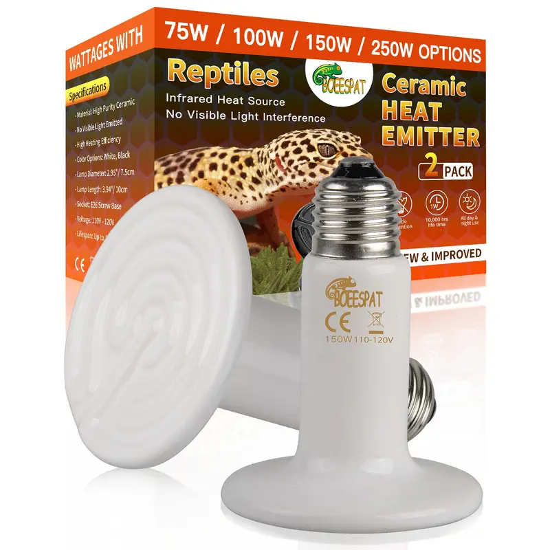BOEESPAT High Efficiency 60W Ceramic Heat Emitters, Pack of 2 Reptile Heat Lamp Bulbs for Bearded Dragon, Lizard, Geckos, Iguana