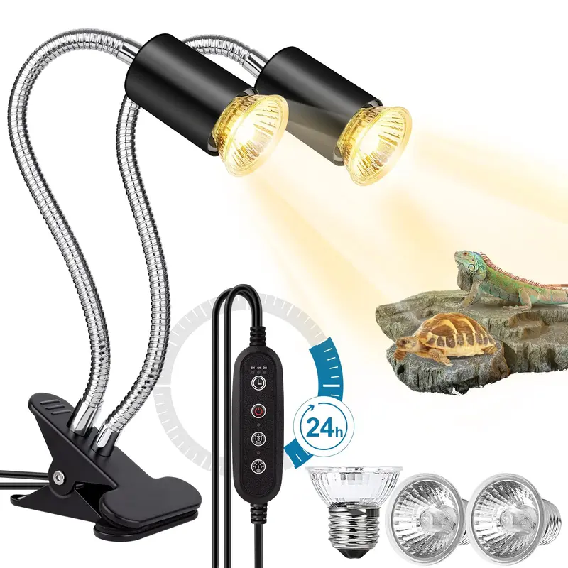 Buddypuppy Reptile Heat Lamp, Double-Head Reptile Light Timer, UVA UVB Reptile Light with Clamp for Tortoise, Leopard Gecko, Bea