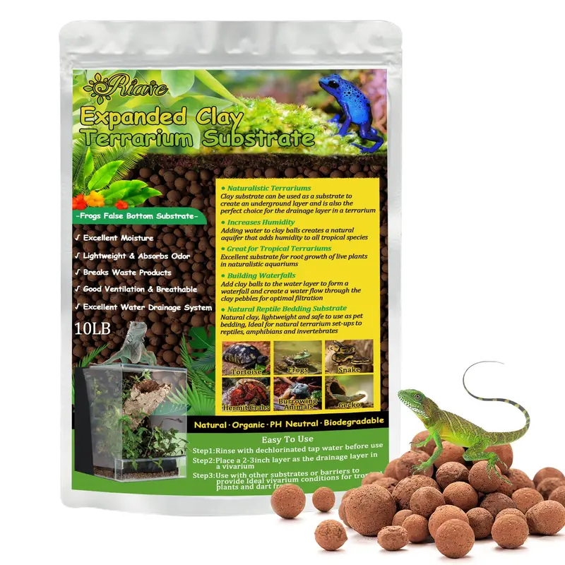 Riare 10Lbs Expanded Clay Balls Terrarium Substrate For Reptiles - 100% Organic Lightweight Clay Pebbles Substrate Frogs False B