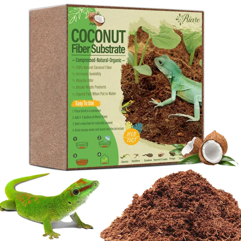 Riare 10Lbs Natural Coconut Fiber Substrate For Reptile- Premium Compressed Coconut Husk Terrarium Bedding For Reptile, Tortoise