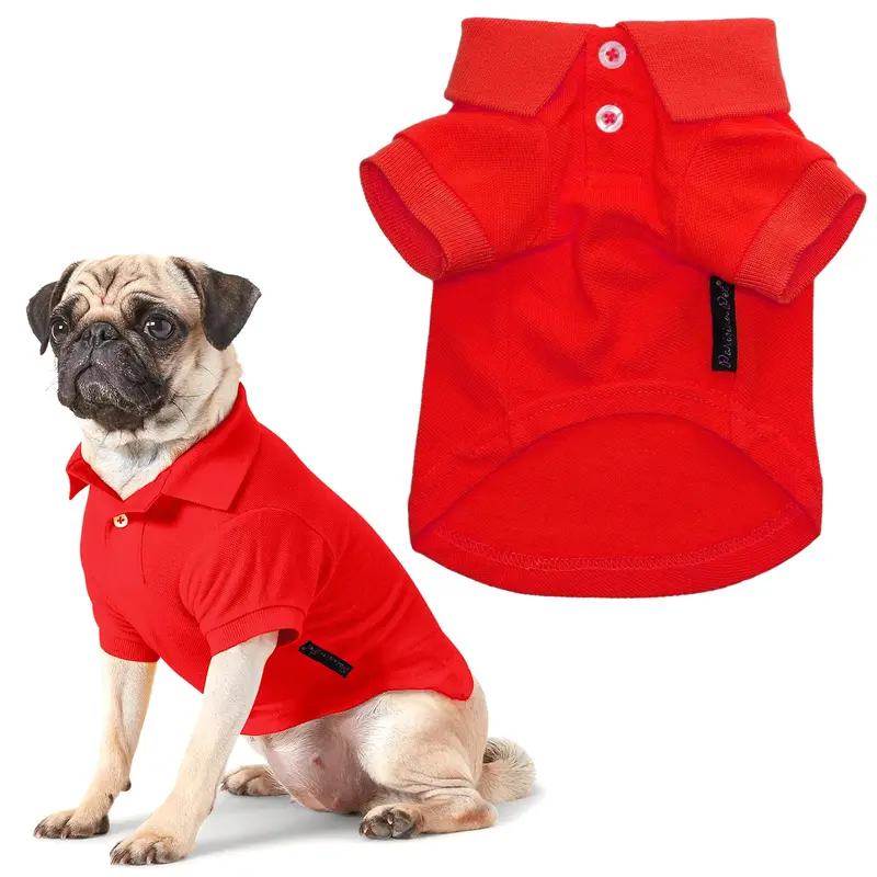 Parisian Pet Dog Polo Shirt - Breathable Cotton Shirt - Solid Red Color Summer Pullover - Button Up Collar Polo For Large Dogs