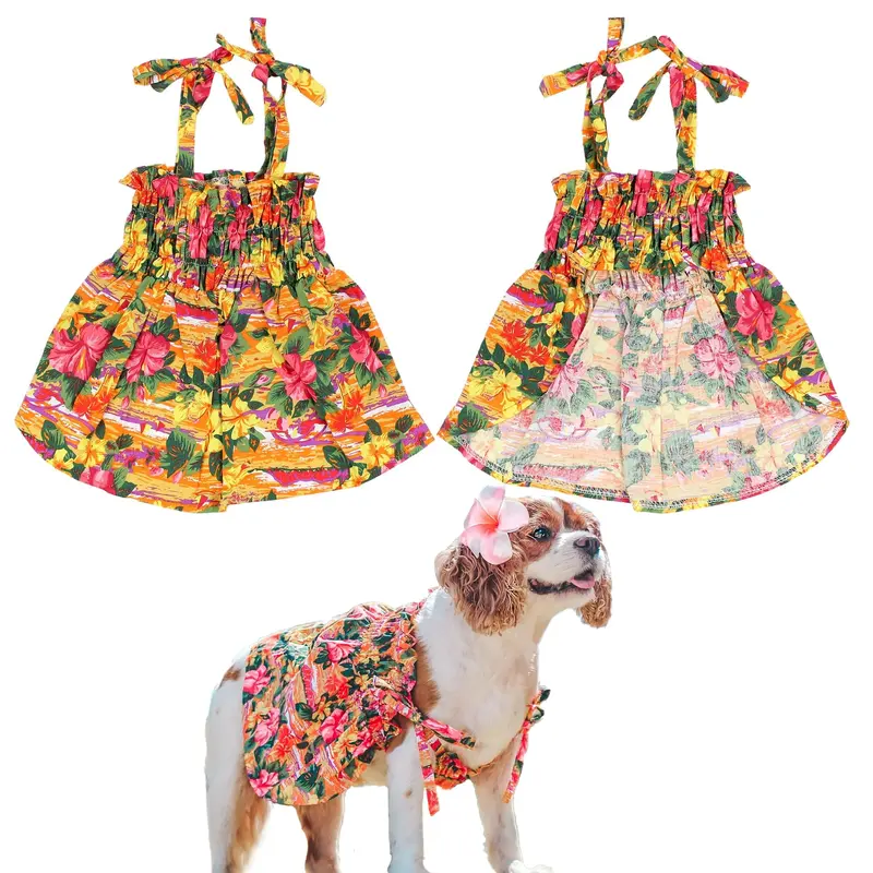 Parisian Pet Hawaiian Dress - Floral Beach Outfit For Dogs - Pull-Up Straps Breathable Summer Clothes - Costume - Dresses For La