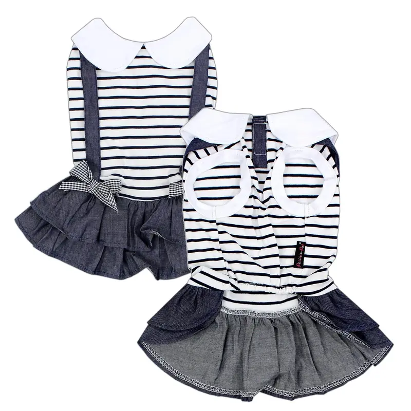 Parisian Pet Dog Dress - Preppy Girl Clothes, Stylish Chambray Skirt Summer Outfit - Lightweight Sleeveless Overall For Large Gi