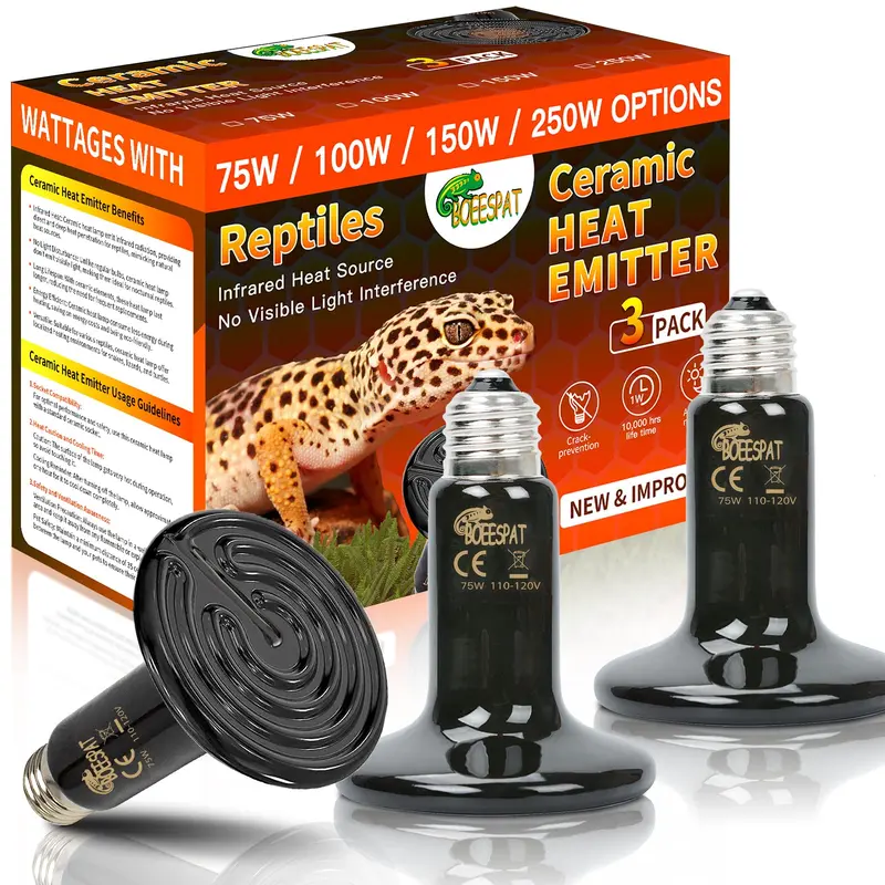 Boeespat Energy Efficient 75W Reptile Heat Bulbs, Pack Of 3 Ceramic Heat Emitters For Geckos, Turtle, Snake, Bearded Dragon, Liz