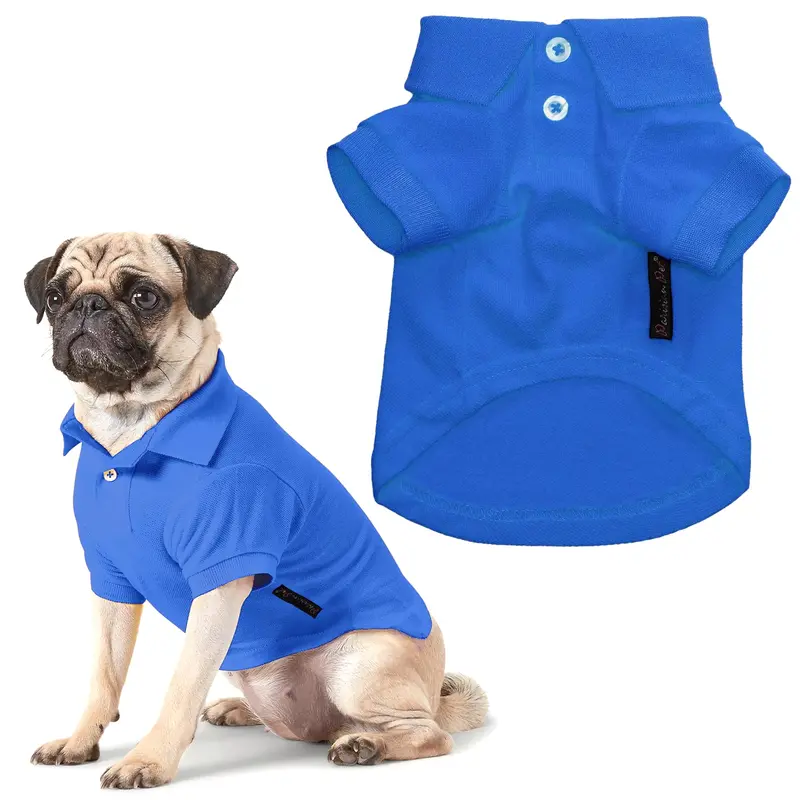 Parisian Pet Dog Polo Shirts - Breathable Cotton Shirt - Solid Blue, Summer Pullover - Button Up Collar Polo For Medium Dogs